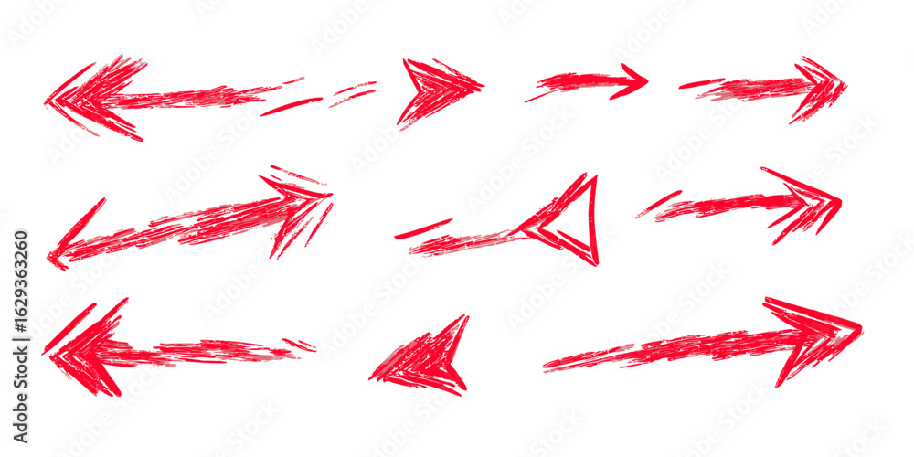 Poster hand drawn red crayon arrow set with scribble sketch texture in various directional styles for desig