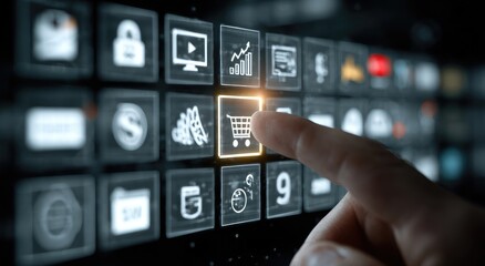 Finger presses glowing shopping cart icon on a digital dashboard