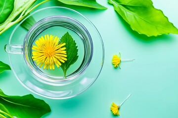 A cup of dandelion tea with green leaves and a yellow flower