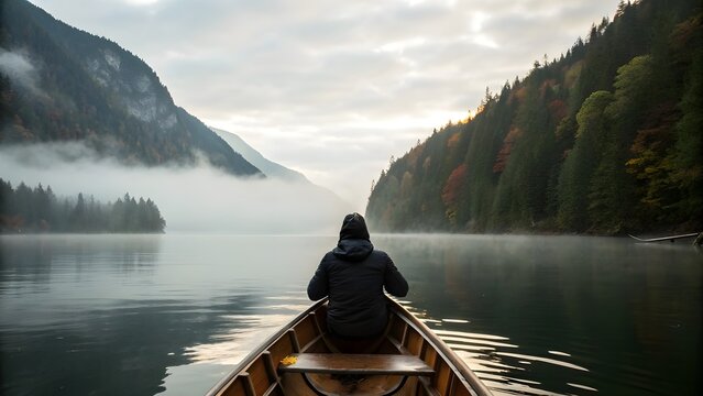 Man in a rowboat on a serene lake surrounded by mountains and autumn trees