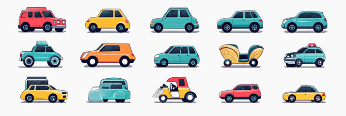 Colorful flat minimalist vector collection of various vintage and modern small cars and vehicles icons with simple geometric shapes and clean design for transport and automotive use