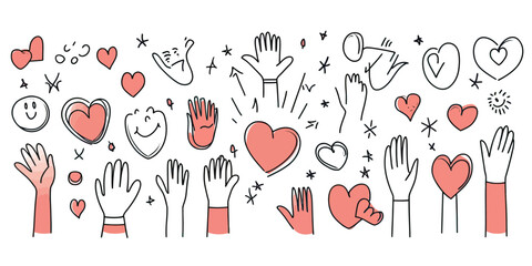 Collection of hand drawn hands raised with hearts and smiley faces expressing love unity support charity connection and positive emotions in doodle sketch style vector illustration
