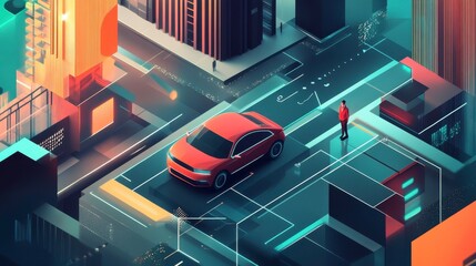 Fototapeta premium Urban Landscape with Modern Car and Abstract City Design Elements