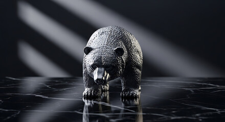 Ai generated image of a metallic bear sculpture in a dark, moody setting with dramatic lighting