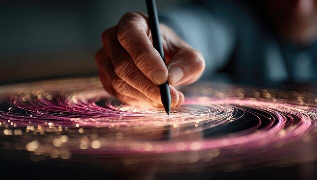 Hand drawing on digital tablet with glowing lines