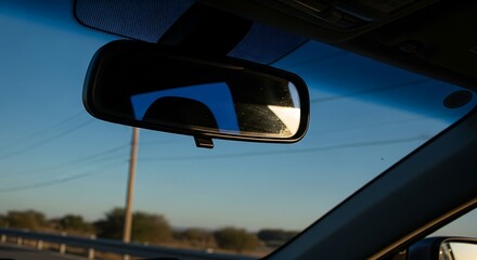 Scenic road trip view from inside car through rear view mirror reflecting highway