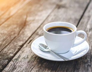Obraz premium Rustic wooden background with coffee and spoon, soft vintage tones, relaxed atmosphere.