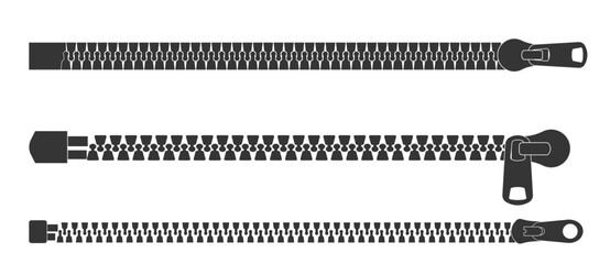 Zipper silhouette, set zipper lock or unlock. Fastener slide with puller. Split cloth pulling zip. Collection Apparel accessories simple drawing.