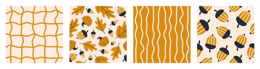 Autumn set season seamless patterns with leaves, pumpkins, acorns and twisted lines. Trendy vector illustration