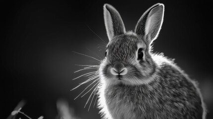 Fototapeta premium Black and White Portrait of a Cute Domestic Rabbit in Natural Setting