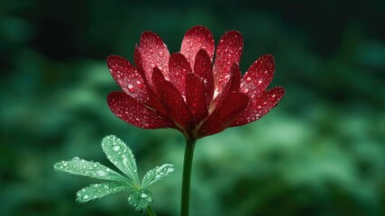 Vibrant red flower adorned with droplets glistens in lush green environment, showcasing beauty of wildflowers in rewilding project