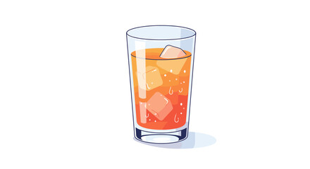 Colorful drink with ice cubes in a clear glass on white background  