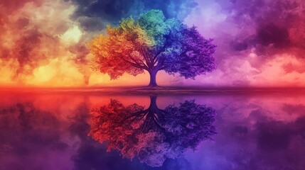 Fototapeta premium Vibrant Tree Reflection Against Colorful Cloudy Sky Landscape