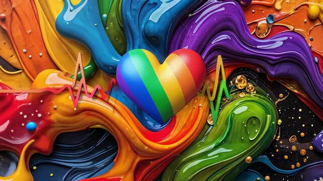 Opening showing 3D rainbow heart over paint strokes, with ECG waveform pulsing past postage stamps - Powered by Adobe