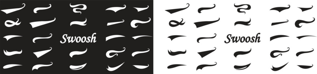 Swoosh Icons Vector Set, Collection and Group, Speed Motion Swirl Curves, Dynamic Wave Tail Shapes, Minimal Flat Style, Monochrome Silhouette Graphic Bundle for Logo, Sport and Abstract Design