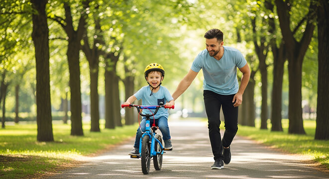 Smiling boy riding bicycle with father, learning to ride