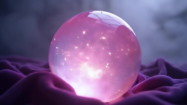 A mystical crystal sphere placed on deep velvet, with swirling fog in the backdrop&mdash;mysterious and magical.

