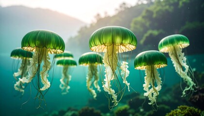 Green jellyfish in underwater scene
