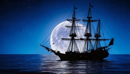 Fototapeta premium Pirate Schooner Silhouetted Against a Full Moon at Night