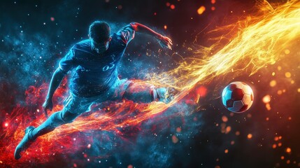 Dynamic Soccer Player Kicking Ball with Flames and Motion Effects