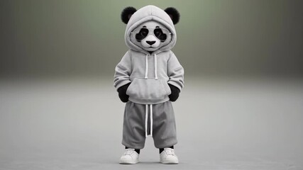 Standing panda wearing grey tracksuit with hood in neutral background. Concept of surreal fashion and cute minimalism
