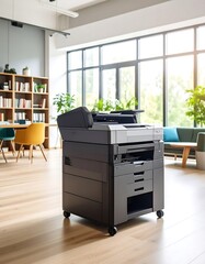 Modern office interior with a large multifunction printer on wheels in the foreground