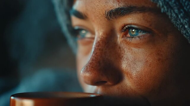 A close-up captures a person's face partially obscured by a mug. Warm tones highlight freckled skin and steam