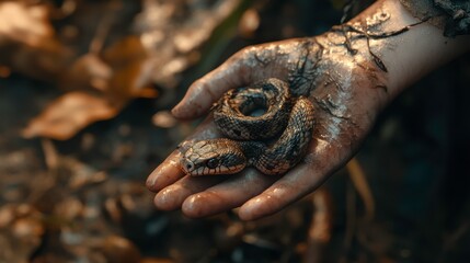 Hand Holding Small Snake in Forest with Muddy Palm and Leaves