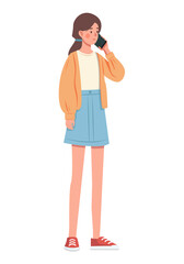 The girl is on the phone. Colored flat illustration. White background.