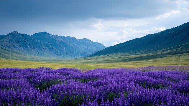 Vibrant wildflowers showcase stunning landscape in rewilding project, featuring purple blooms against majestic mountains and serene nature sky