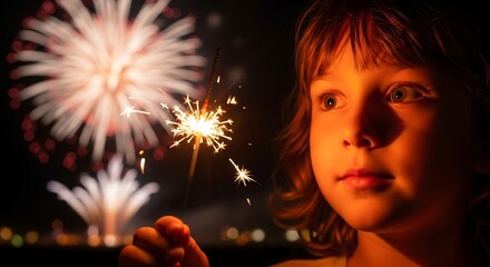 A young girl mesmerized by the bright sparkler and fireworks display at night celebration