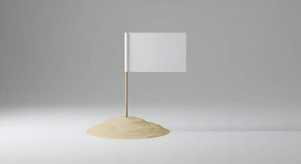Blank white flag on a wooden stick planted in a mound of sand. Empty flag mockup with neutral background.