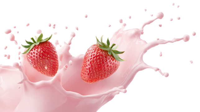Milk splash with strawberries isolated on white