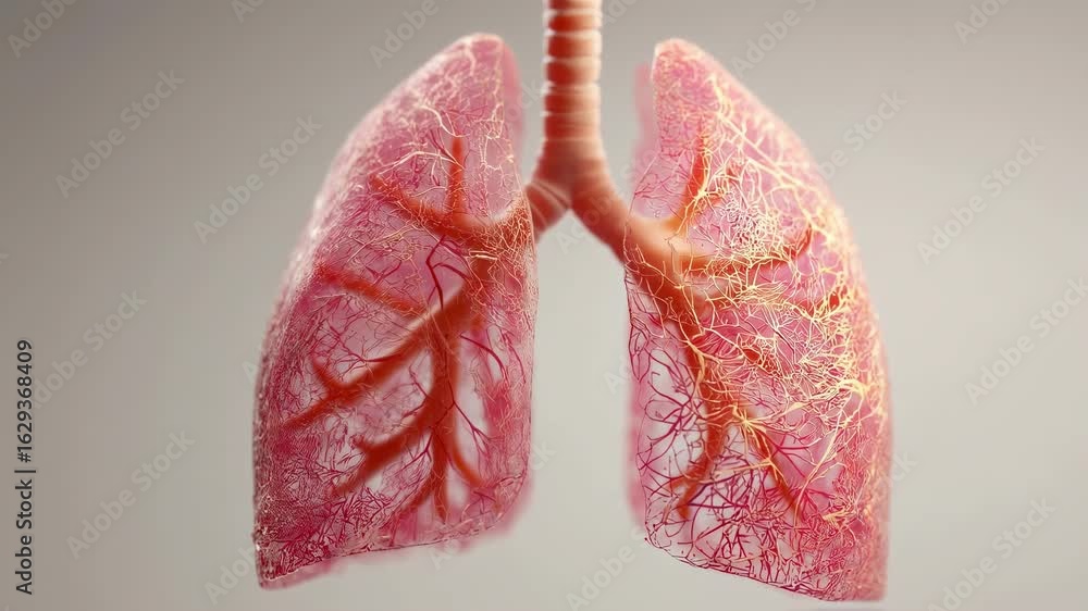 Aufkleber animated sequence illustrating airflow in lungs with bronchial redness signaling irritation culminat
