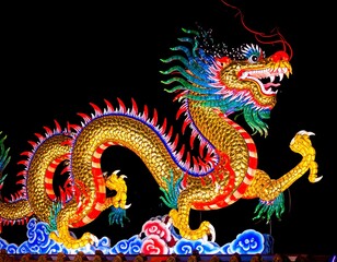 Illuminated dragon sculpture, vibrant colors, detailed scales and claws, against a dark background