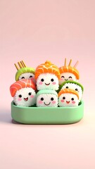Obraz premium A delightful collection of anthropomorphic sushi pieces, each with a cheerful face, neatly arranged in a green dish against a soft pink background.