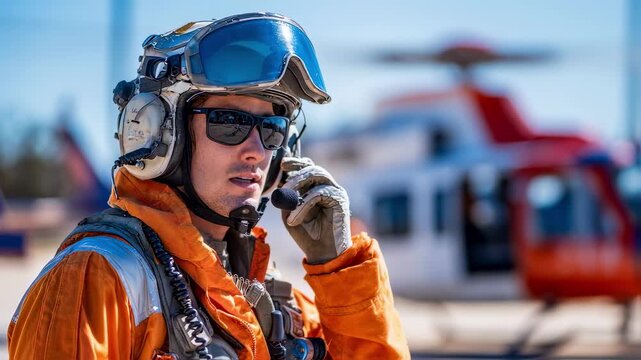Pilot communicates via radio headset coordinating with ground crew during preflight checklist on a busy helipad.
