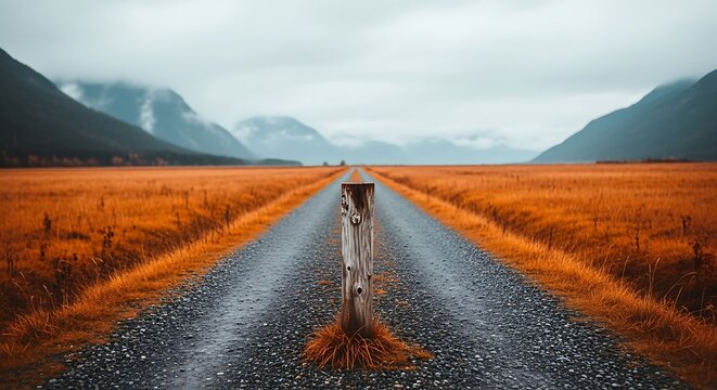 Lone cyclist rides down a gravel road through a vibrant orange field towards misty mountains under a dramatic cloudy sky