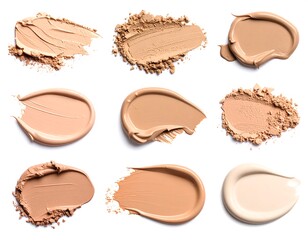 Nine swatches of makeup foundation in various shades and textures, displayed against a white background