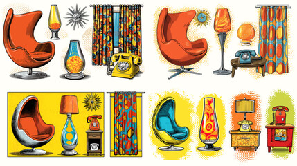 Mid-century retro home decor items including egg chairs, lava lamps, rotary phones, and bold curtains—great for interior, furniture, and nostalgic design themes.

