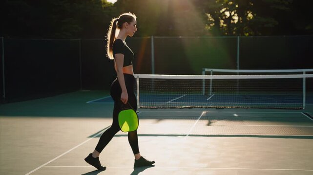 Fit woman in activewear walking on tennis court with racket in backlight. Concept of sporty lifestyle