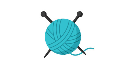 A vibrant turquoise ball of yarn with two crossed knitting needles. A simple flat icon representing the hobby of knitting and crafting.