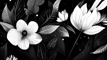 Elegant Black and White Floral Illustration with Delicate Leaves