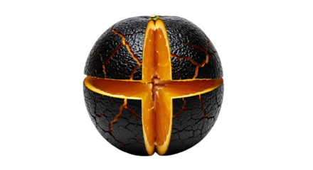 Dark orange cut in cross shape isolated on transparent background, studio shot