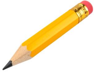 Yellow sharpened pencil with eraser for writing, drawing, sketching on transparent background
