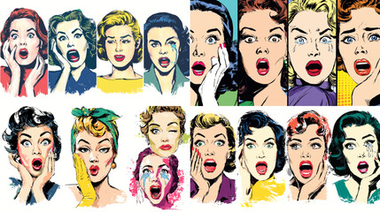 Pop art illustrations of shocked and surprised women with expressive facial reactions—perfect for retro comics, emotions, or vintage advertising themes.

