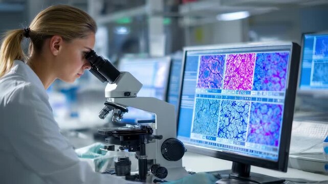 Laboratory scene showing a cytotechnologist methodically reviewing cytology slides showcasing the detailed microscopic work essential for early disease diagnosis.