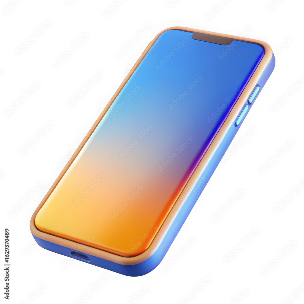 Poster modern smartphone with a sleek metallic frame and a gradient display screen isolated on transparent 