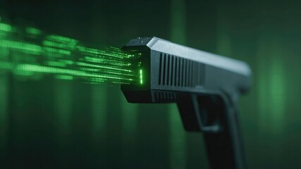Futuristic handgun emits green digital data streams, symbolizing intersection of blockchain technology in supply chain management