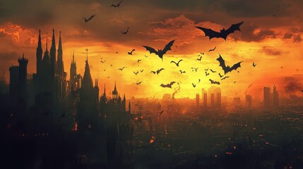 Dramatic Sunset with Bats Over Silhouetted Gothic Cityscape
